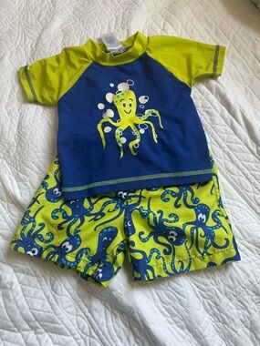 Kids Blue & Lime Octopus Rashguard Swim Set